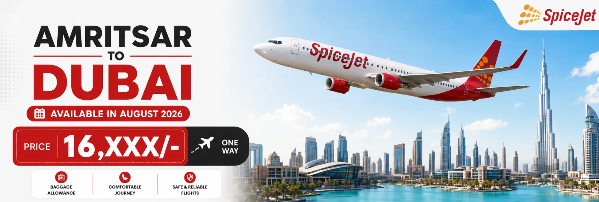 Spicejet flight from Amritsar to Dubai with fares starting around ₹16,XXX./- available for travel Available in Auguest 2026.