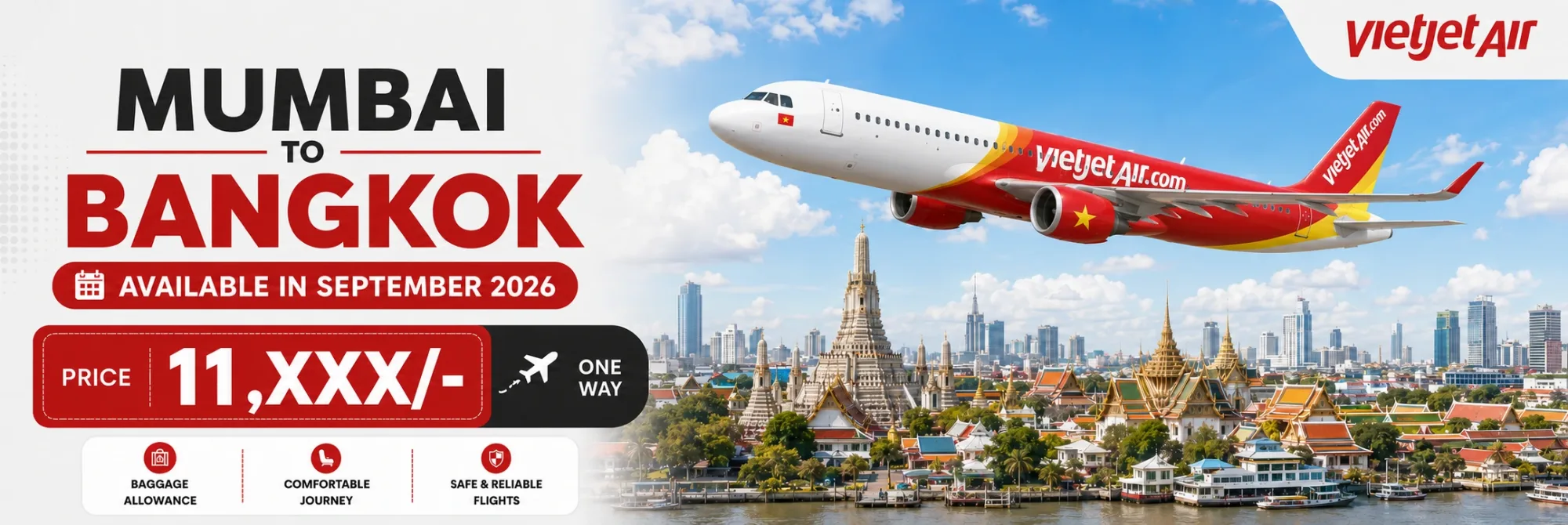 Veitjet Air flight from Mumbai to Bangkok with fares starting around ₹11,XXX./- available for travel Available in September 2026.